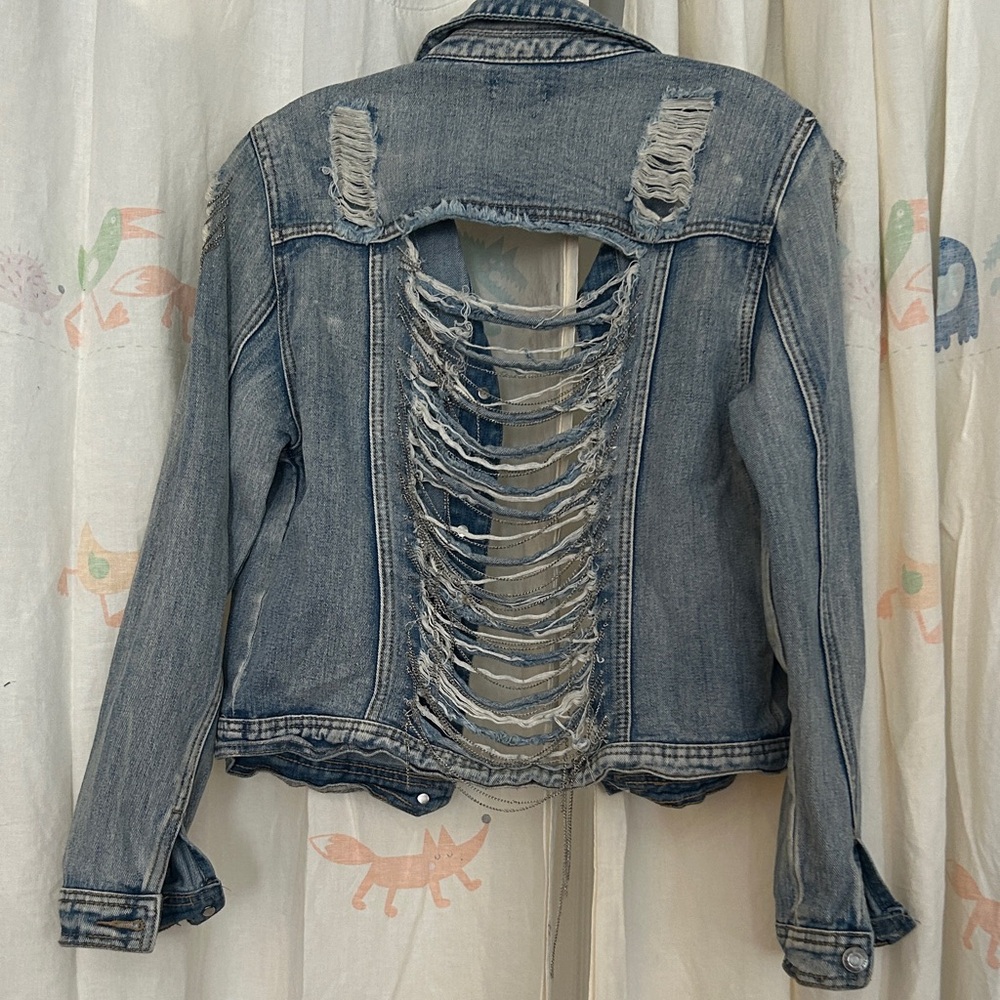 Women's Distressed Blue Denim Raw Edges Chains Jacket M - Picture 5 of 9